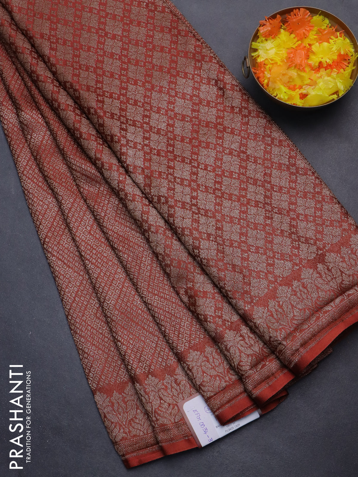 Banarasi semi crepe saree rust shade with allover thread & zari woven brocade weaves and woven border