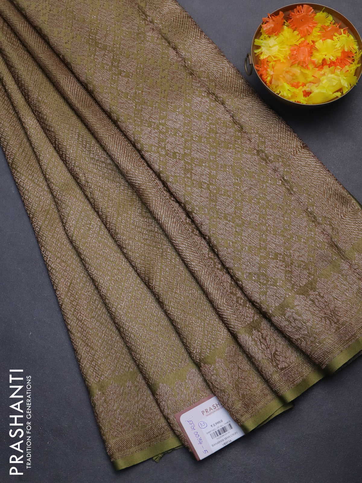 Banarasi semi crepe saree mehendi green with allover thread & zari woven brocade weaves and woven border