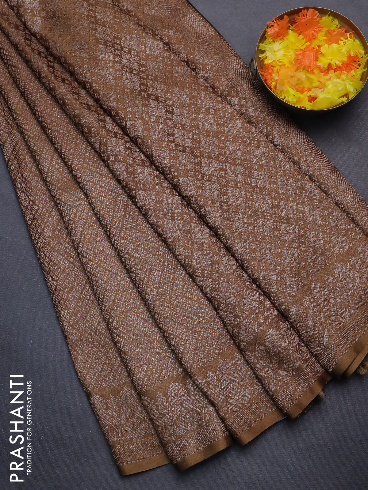 Banarasi semi crepe saree dark mehendi green with allover thread & zari woven brocade weaves and woven border