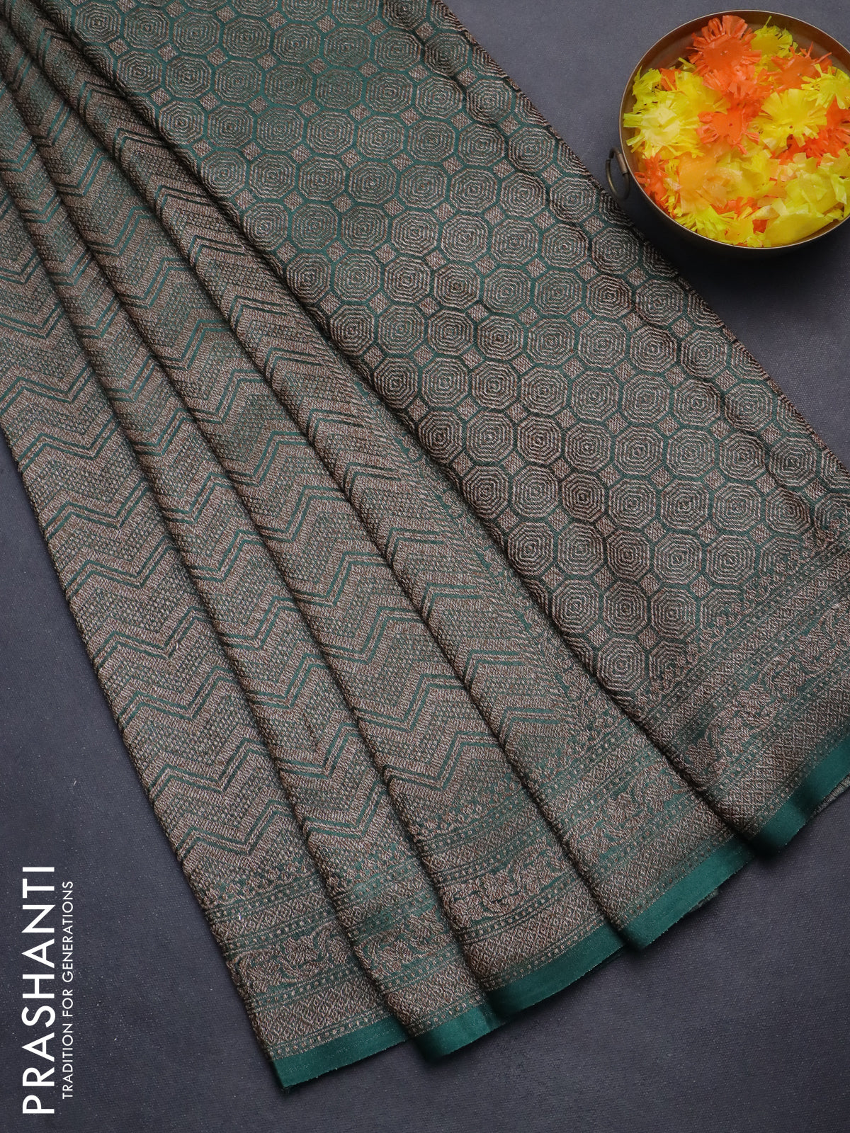 Banarasi semi crepe saree dark green with allover thread & zari woven brocade weaves and woven border