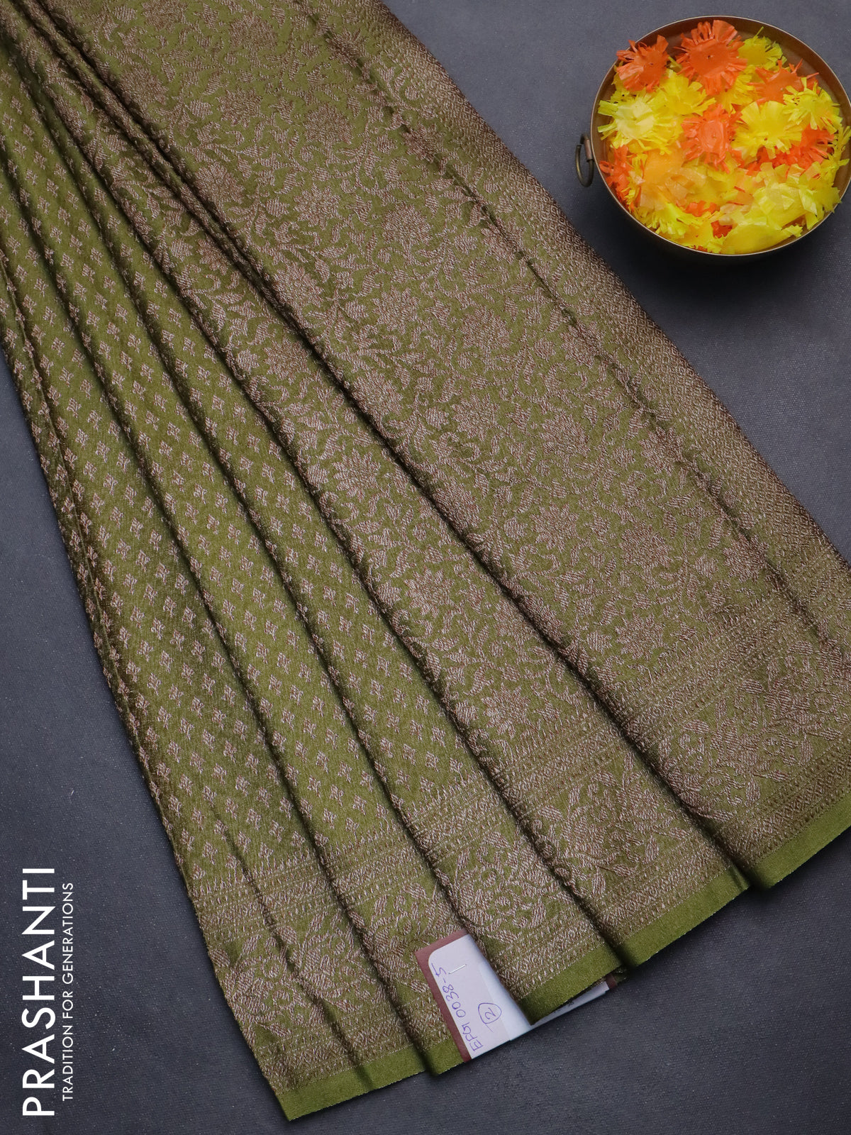 Banarasi semi crepe saree mehendi green with allover thread & zari woven brocade weaves and woven border