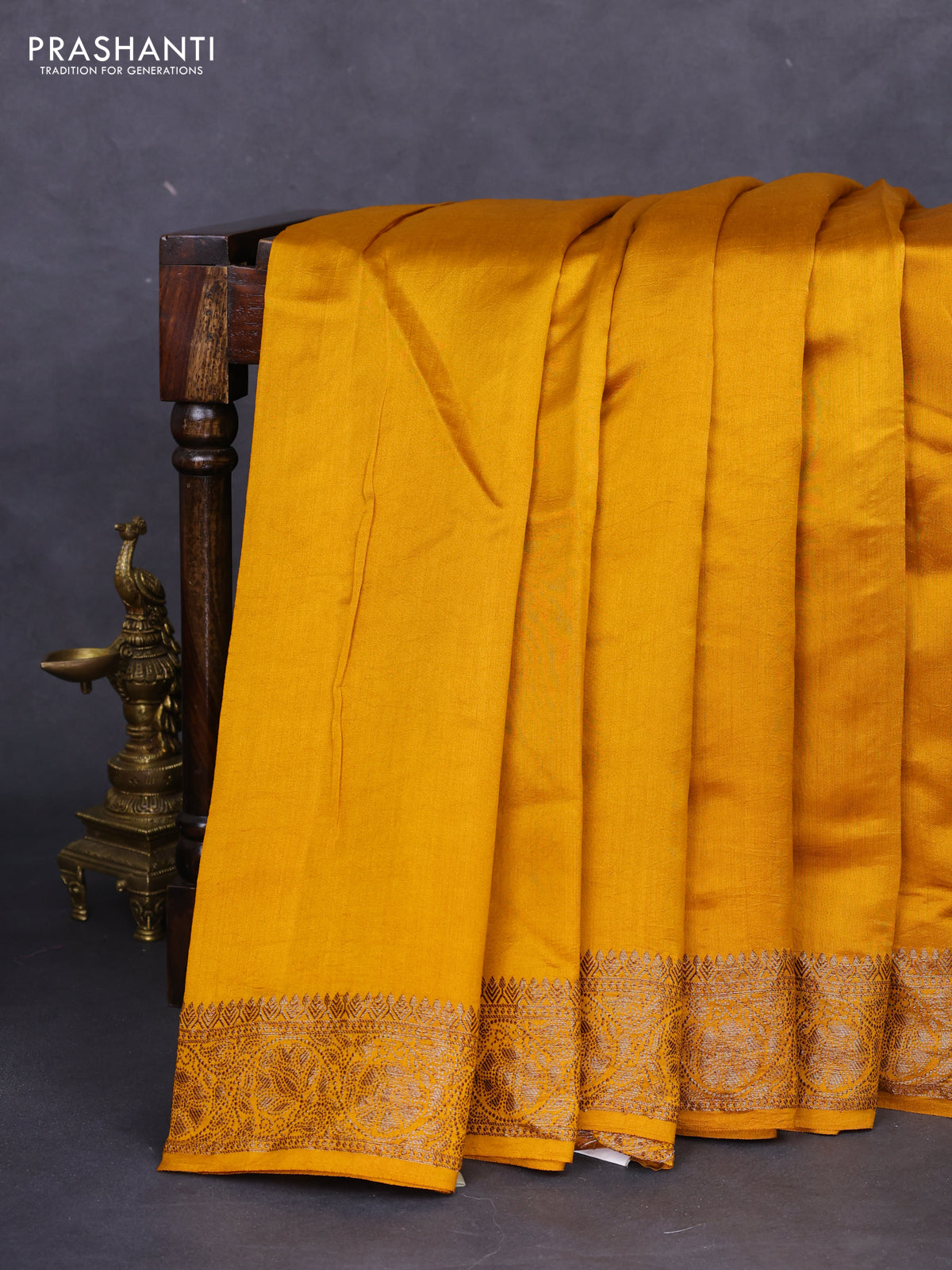 Chiniya silk saree mustard yellow with plain body and woven border