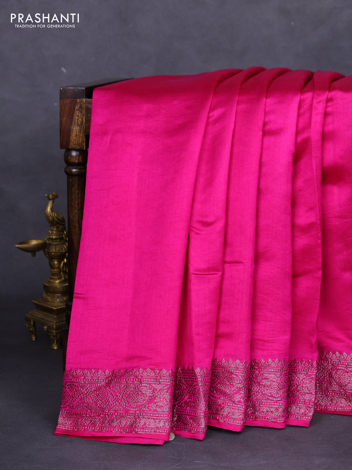 Chiniya silk saree magenta pink with plain body and woven border