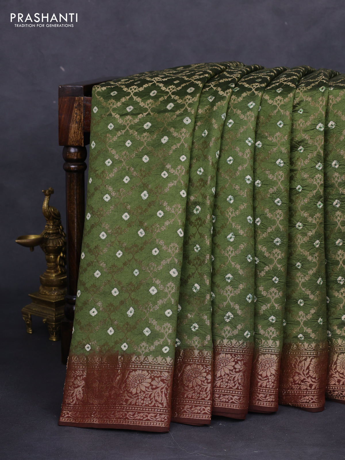 Chiniya silk saree sap green and deep maroon with allover zari weaves & bandhini prints and zari woven border