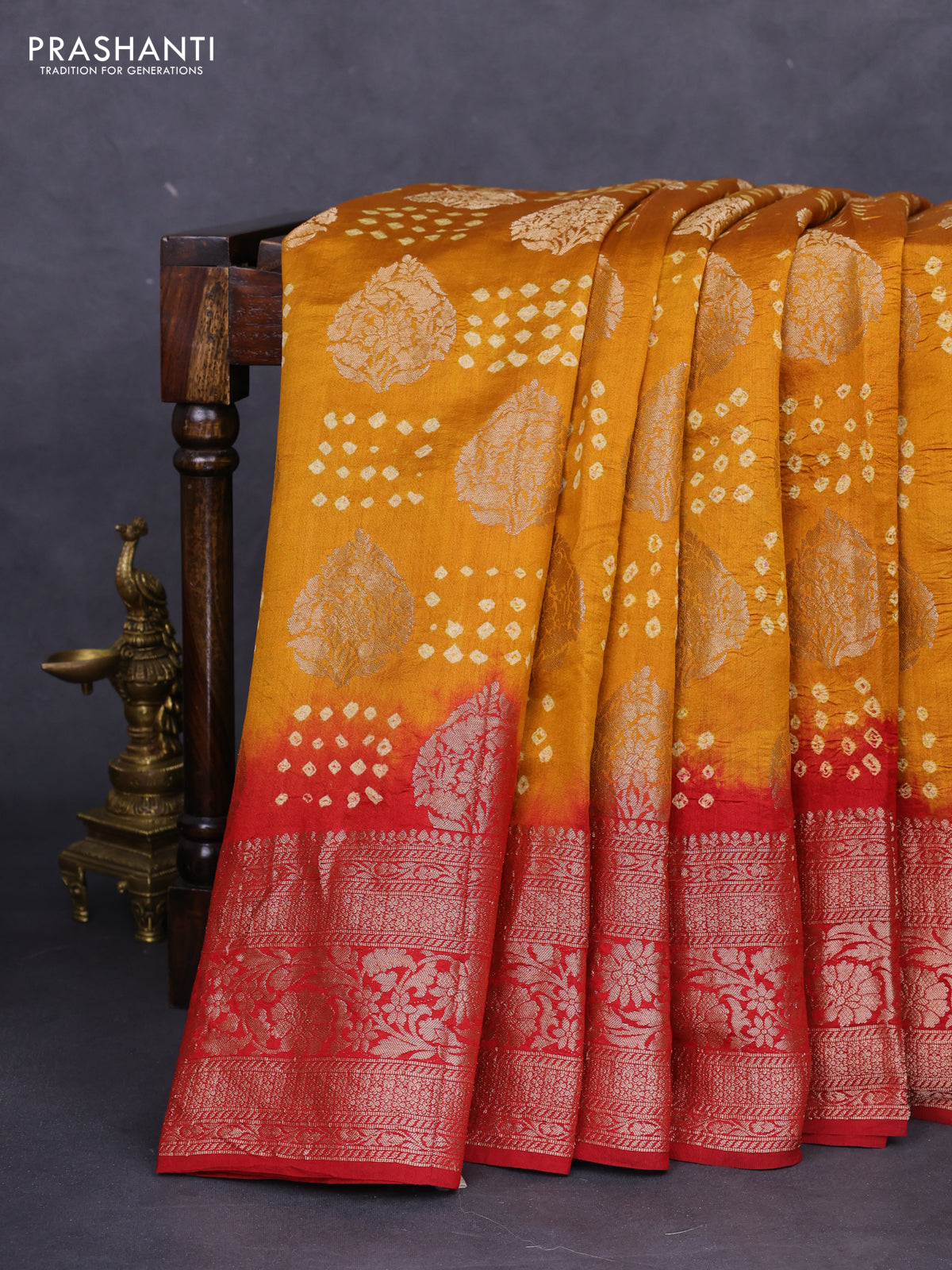 Chiniya silk saree mustard yellow and maroon with allover zari buttas & bandhini prints and zari woven border