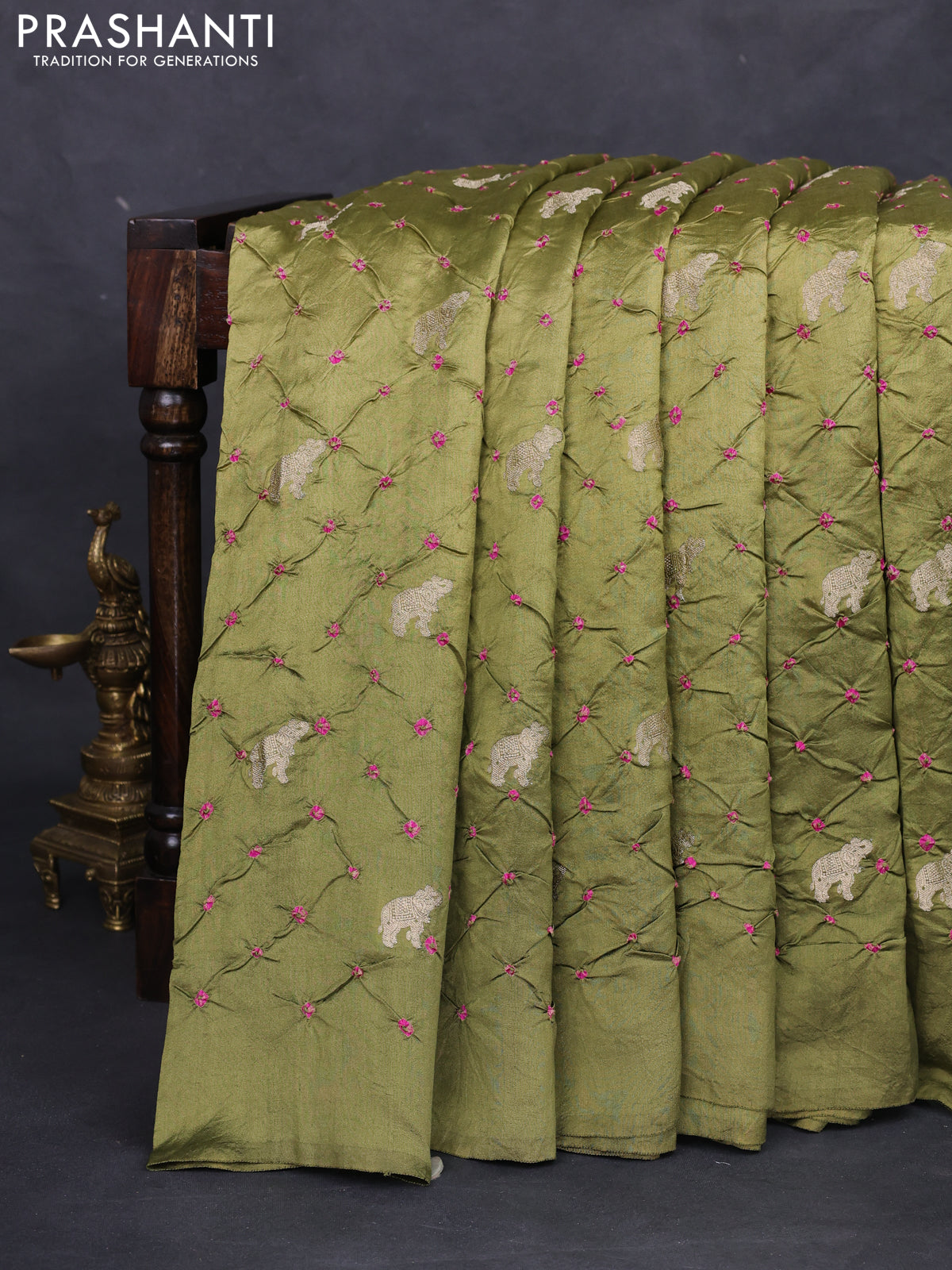 Chiniya silk saree mehendi green with allover zari buttas & bandhini prints in borderless style