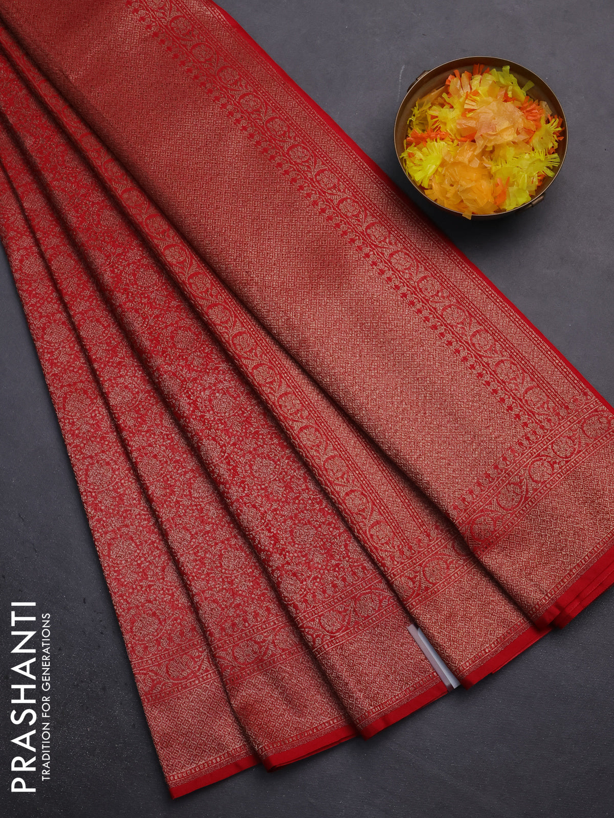Banarasi semi silk saree red with allover thread & zari weaves and woven border