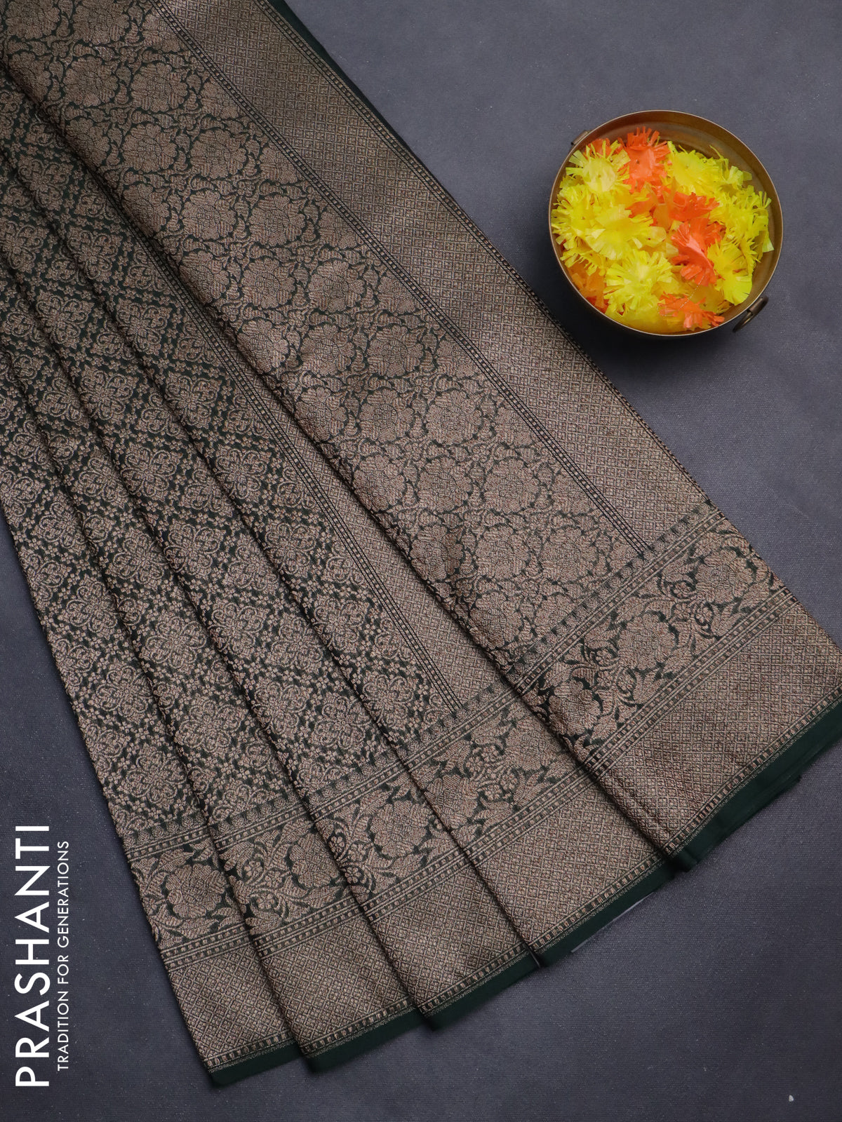 Banarasi semi silk saree dark green with allover thread & zari weaves and woven border