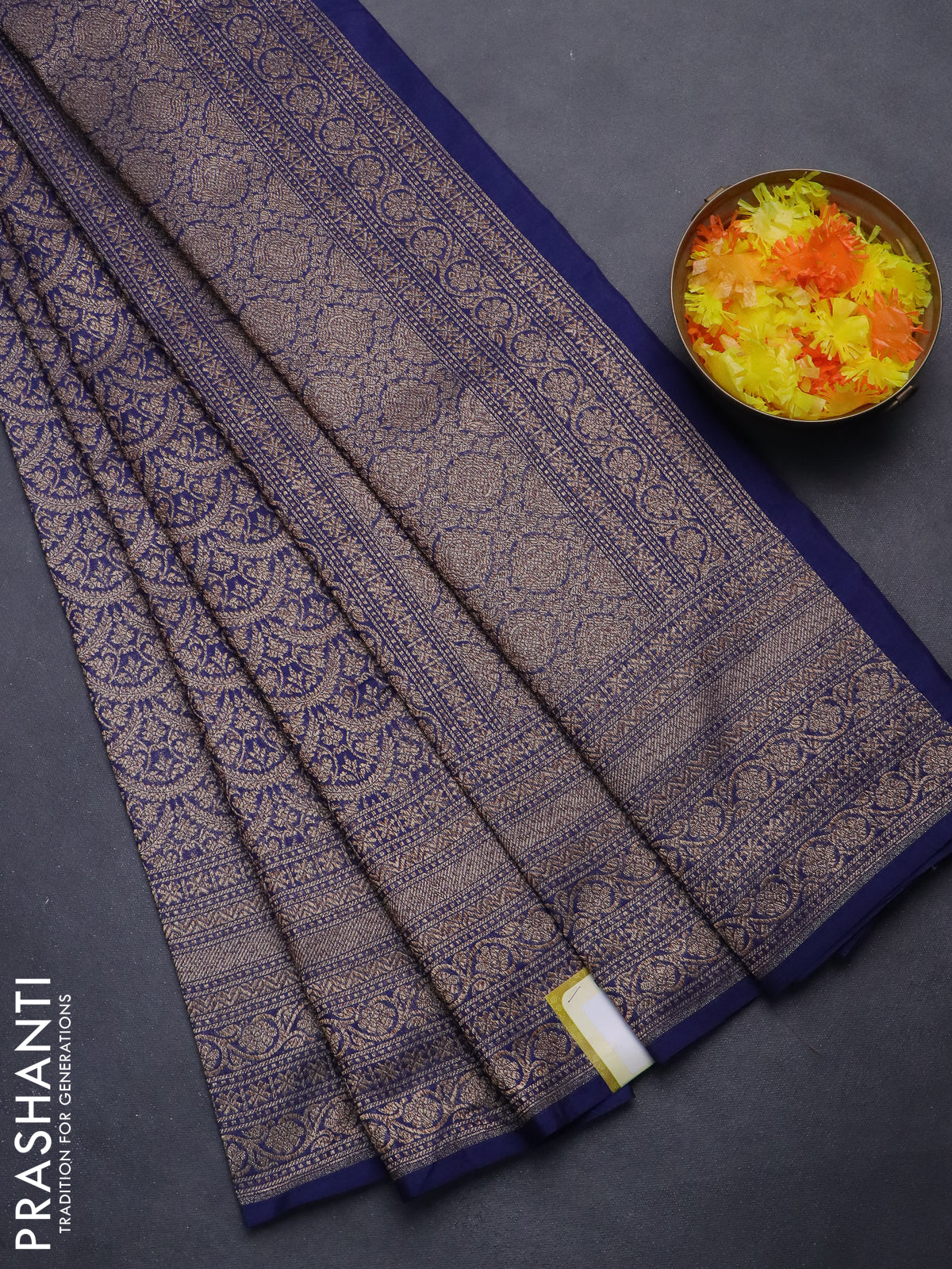Banarasi semi silk saree navy blue with allover thread & zari weaves and woven border