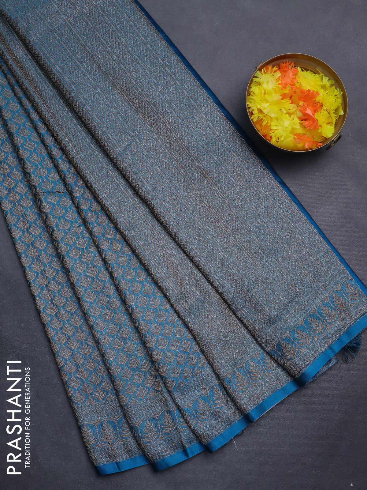 Banarasi semi silk saree cs blue with allover thread & zari weaves and woven border