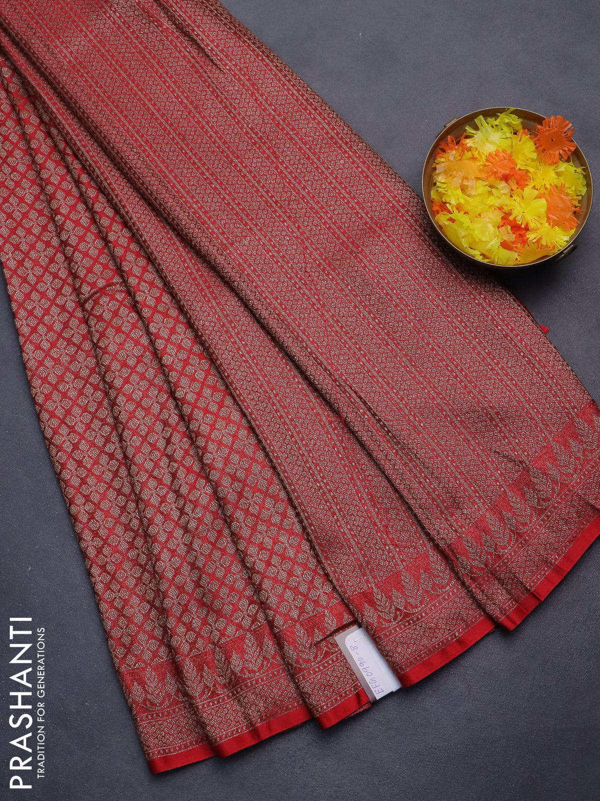 Banarasi semi silk saree red with allover thread & zari weaves and woven border