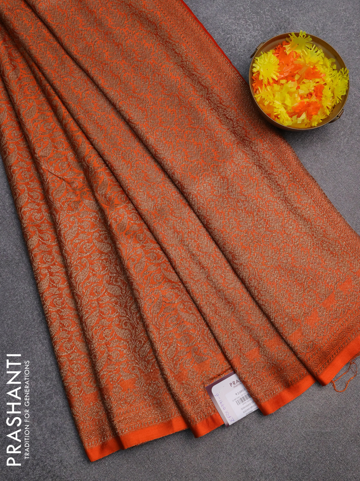 Banarasi semi silk saree orange with allover thread & zari weaves and woven border