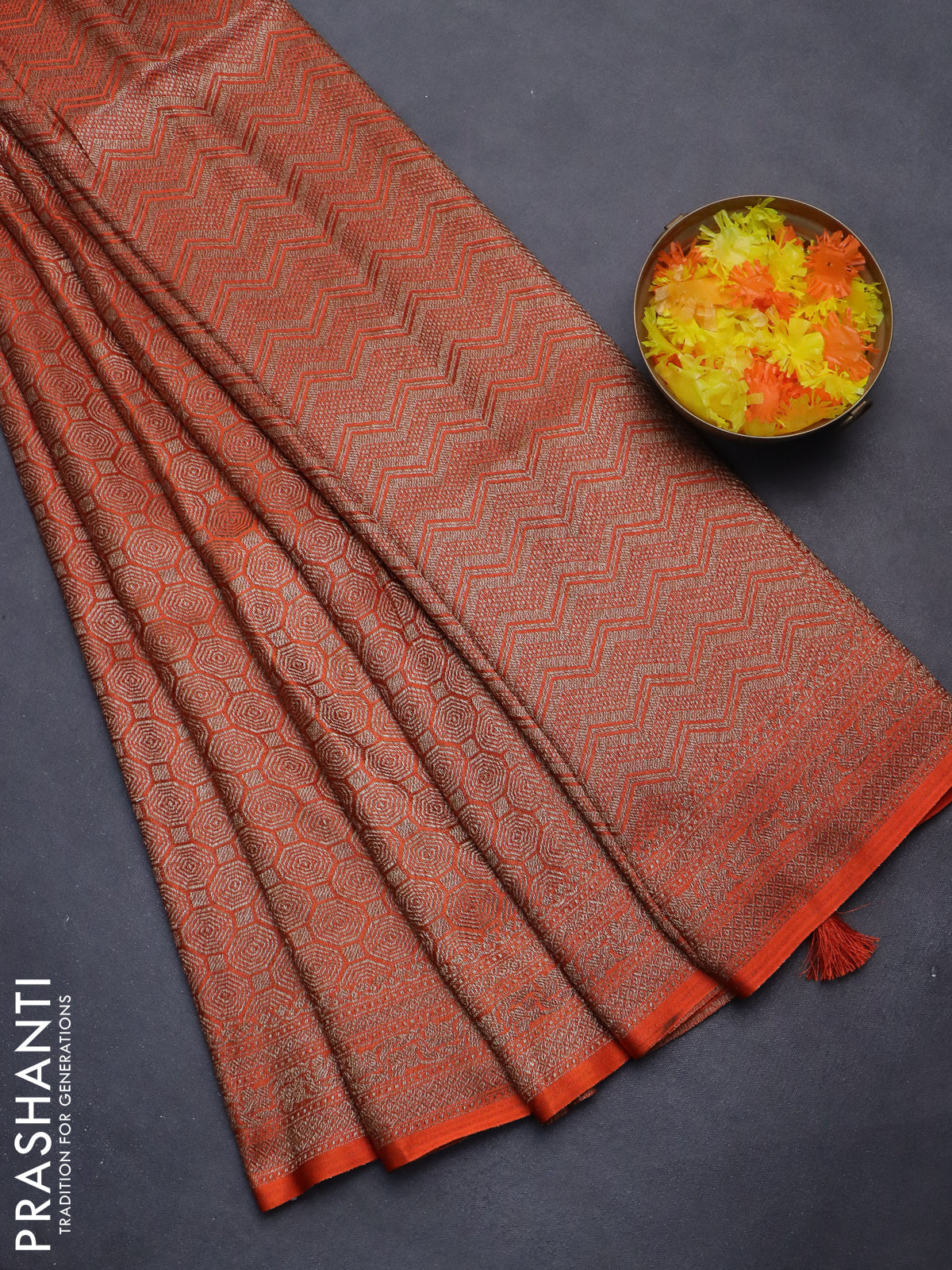 Banarasi semi silk saree orange with allover thread & zari weaves and woven border