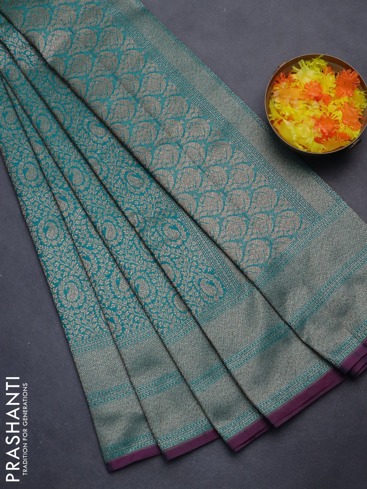 Banarasi semi silk saree teal green and magenta pink with allover thread & zari weaves and woven border