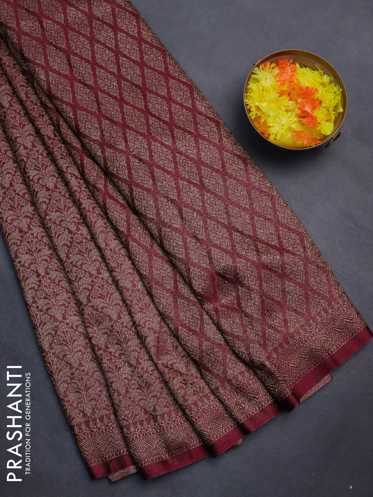Banarasi semi silk saree deep maroon with allover thread & zari weaves and woven border