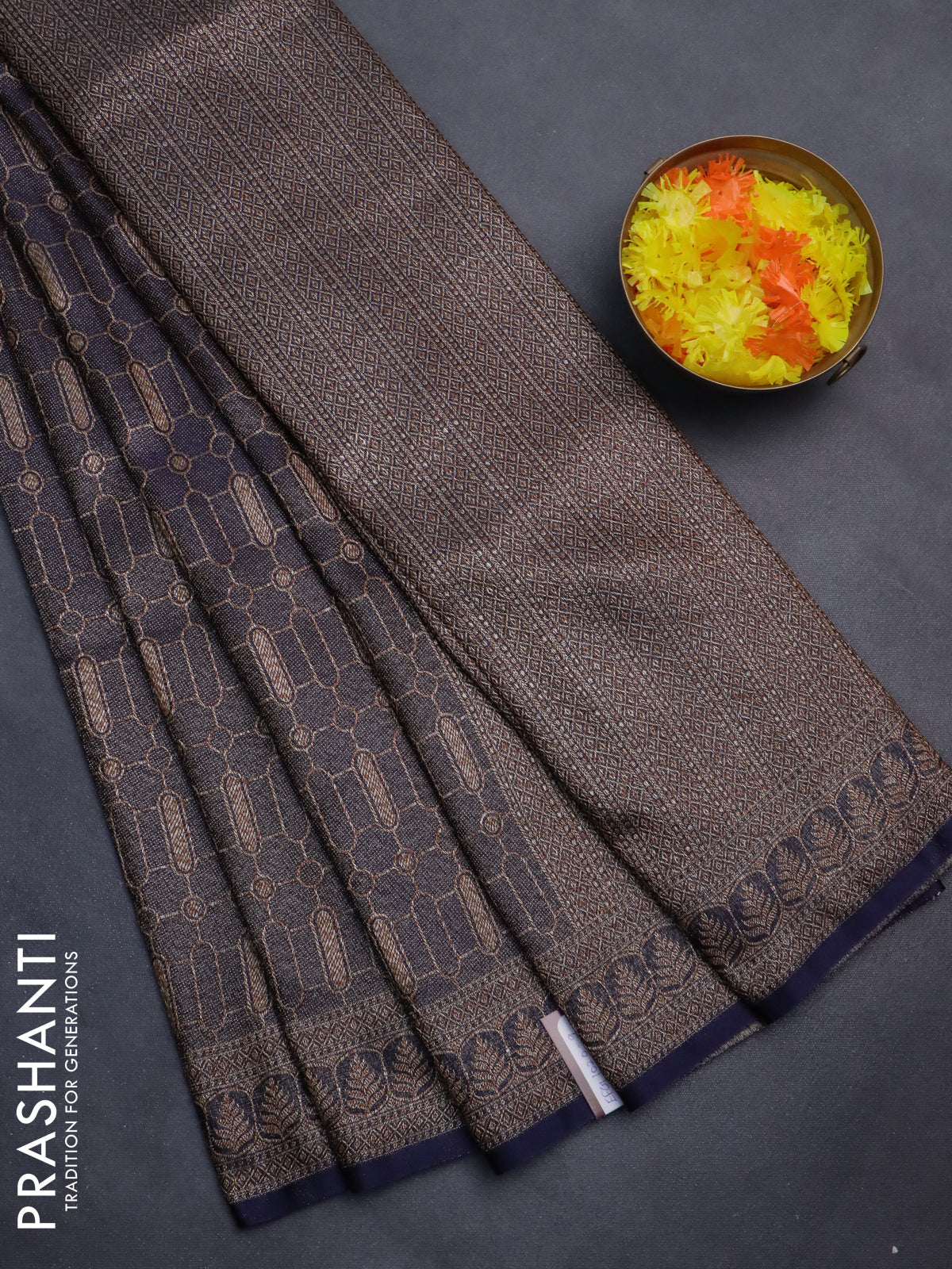 Banarasi semi silk saree navy blue with allover thread & zari weaves and woven border