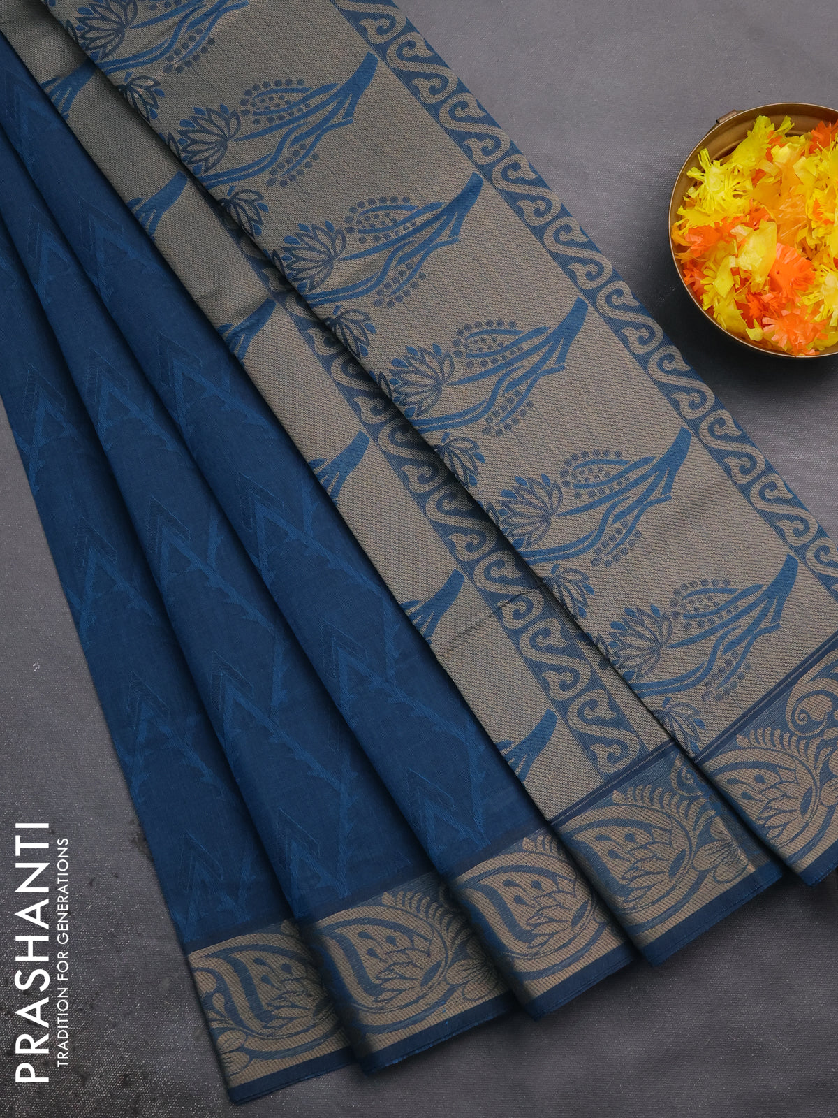 Coimbatore cotton saree peacock blue with allover self emboss and thread woven border
