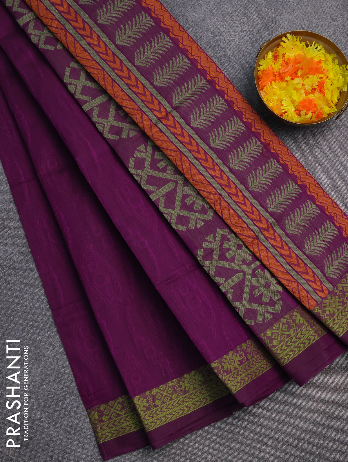 Coimbatore cotton saree purple and light green with allover self emboss and thread woven border