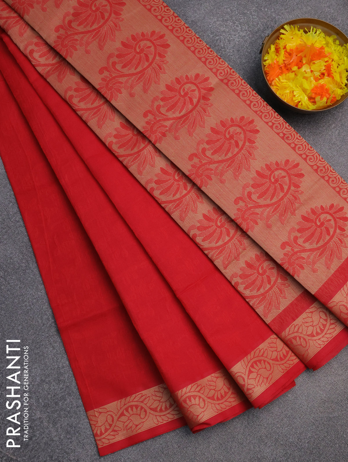 Coimbatore cotton saree red with allover self emboss and thread woven border
