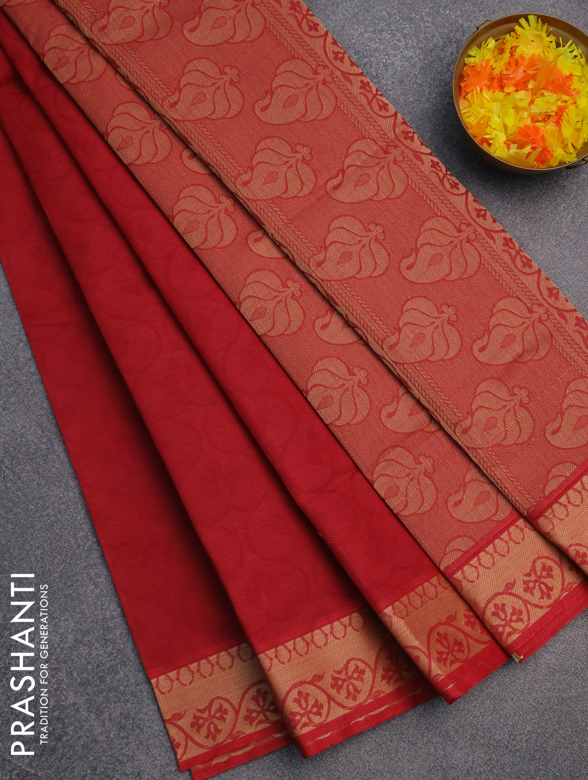 Coimbatore cotton saree maroon and sandal with allover self emboss and thread woven border