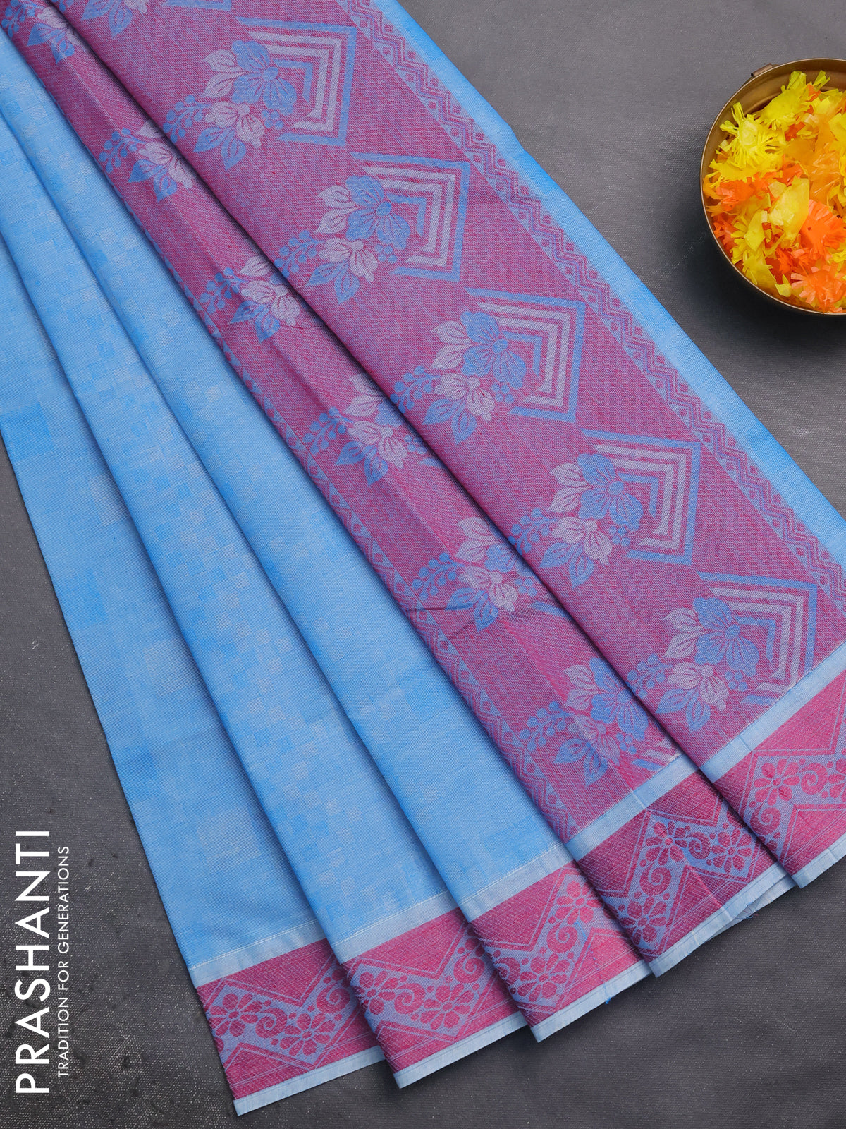 Coimbatore cotton saree grey and pink with allover self emboss and thread woven border