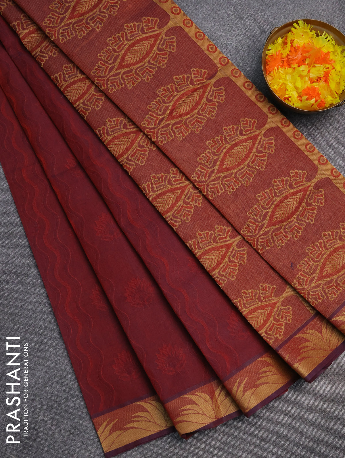 Coimbatore cotton saree dual shade of maroon with allover self emboss and thread woven border