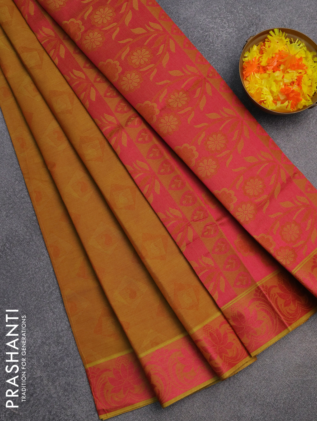 Coimbatore cotton saree dual shade of mustard yellow and pink with allover self emboss and thread woven border