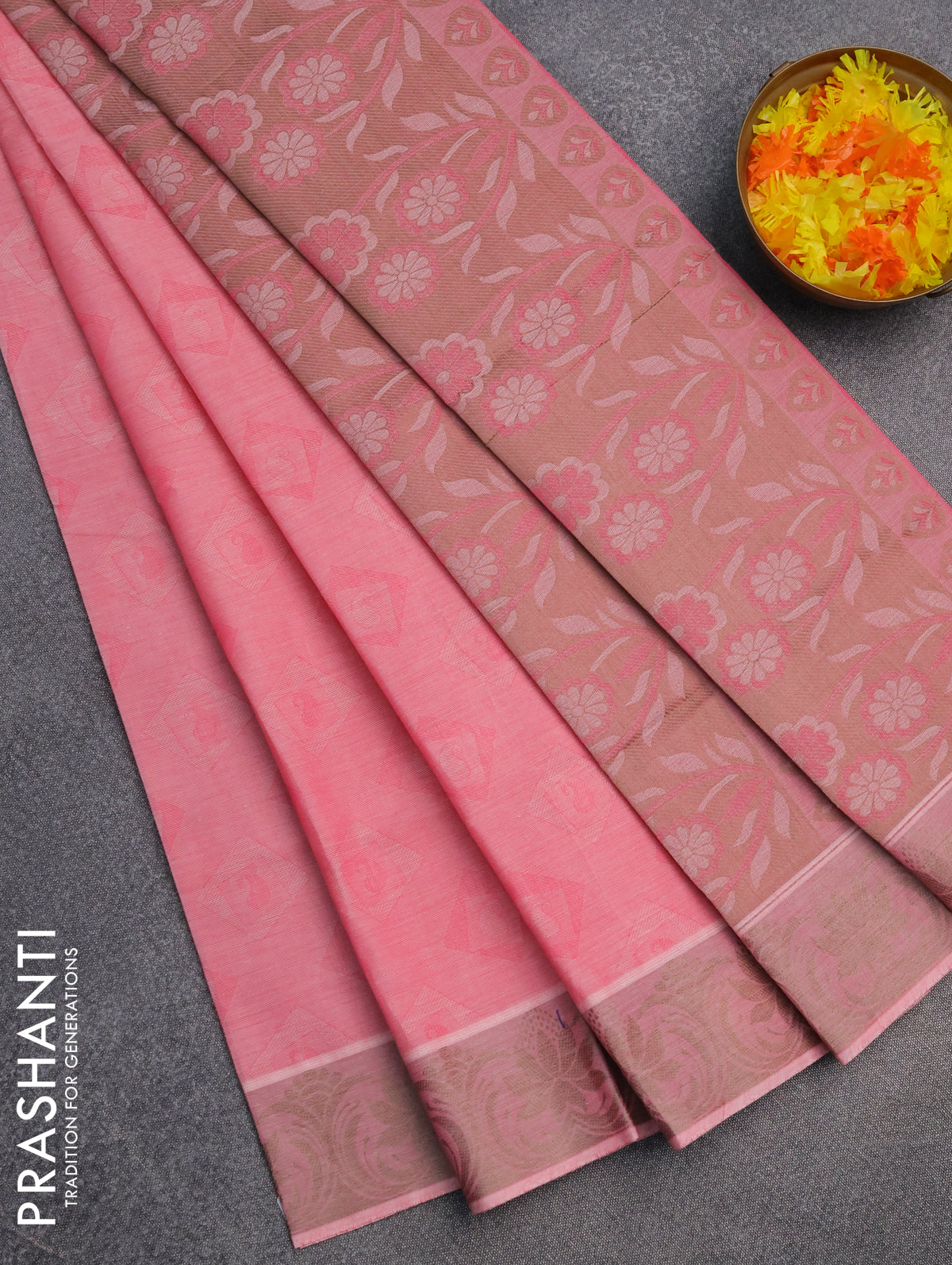 Coimbatore cotton saree light pink and beige with allover self emboss and thread woven border