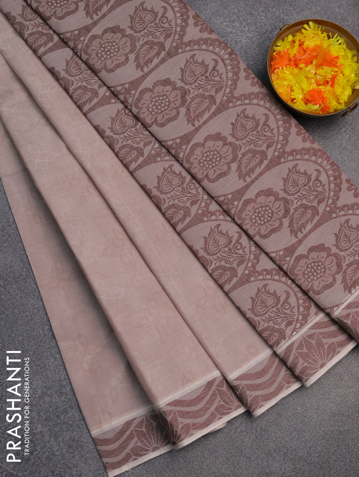 Coimbatore cotton saree beige and coffee brown with allover self emboss and thread woven border