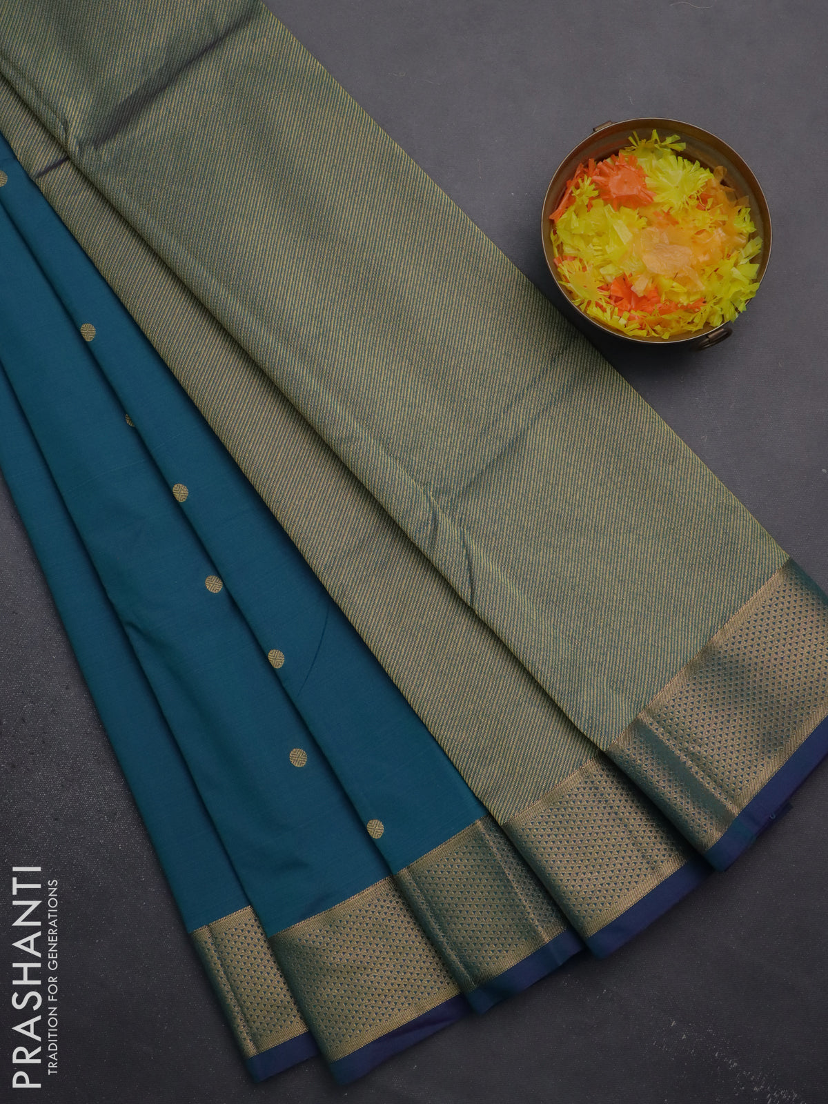 Arani semi silk saree dual shade of teal green with zari woven buttas and zari woven border