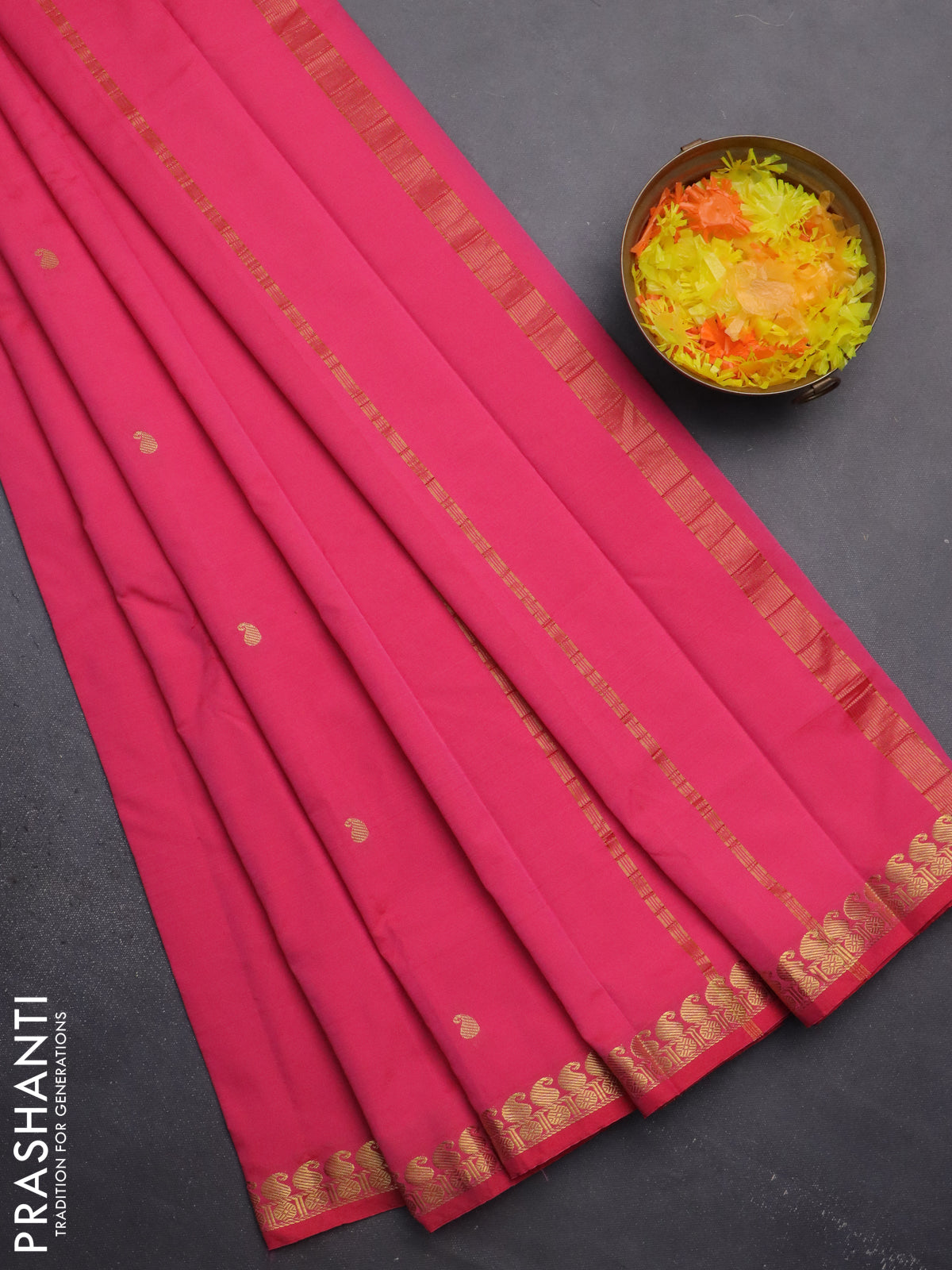 Arani semi silk saree pink with rudhraksha & paisley zari woven buttas and zari woven border