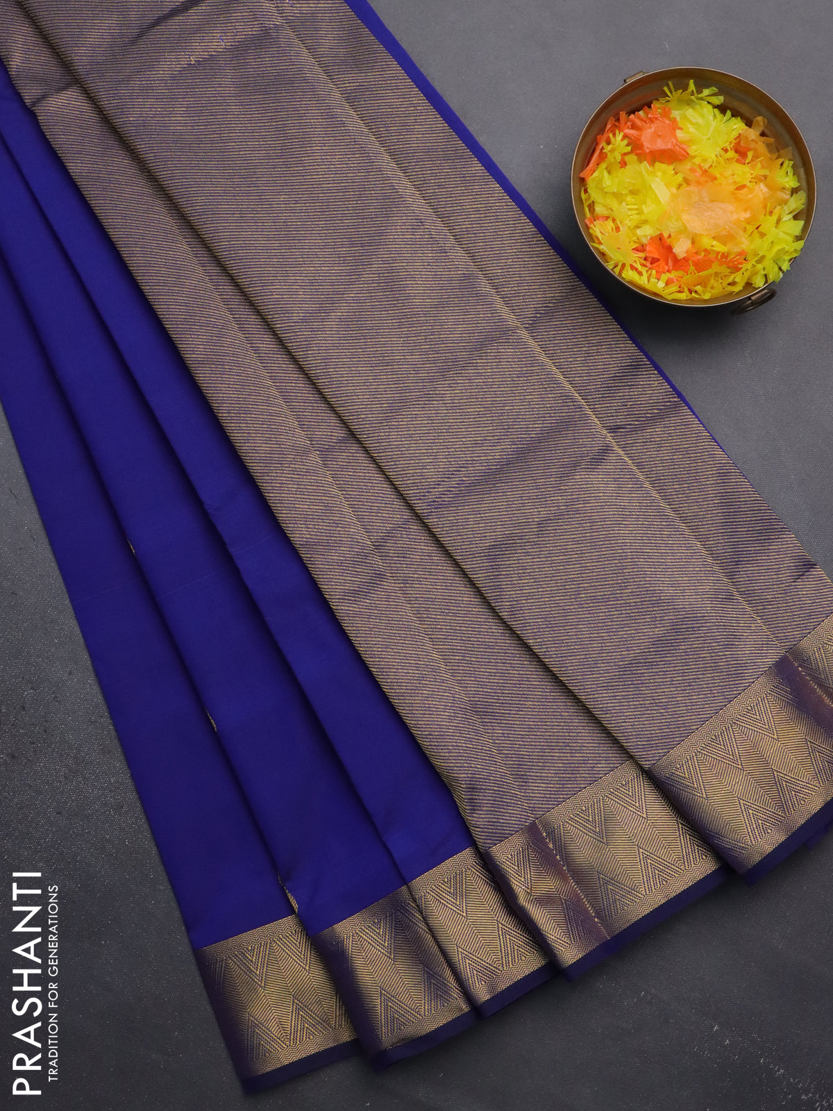 Arani semi silk saree blue with zari woven thilak buttas and zari woven border