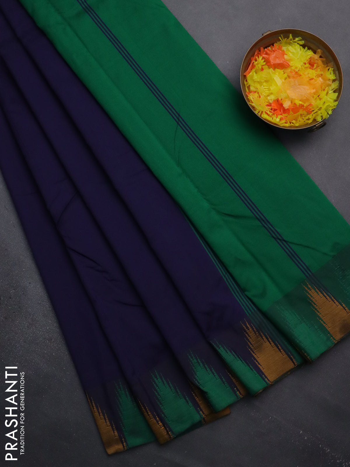 Arani semi silk saree navy blue and green mustard yellow with plain body and temple design border