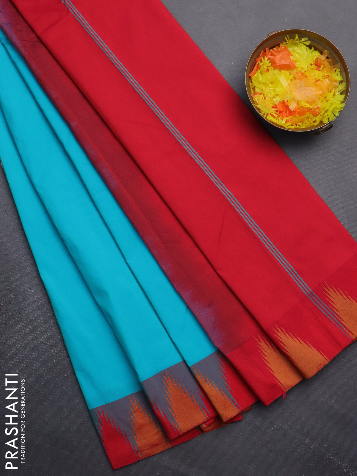 Arani semi silk saree teal blue and dual shade of bluish pink with plain body and temple design border