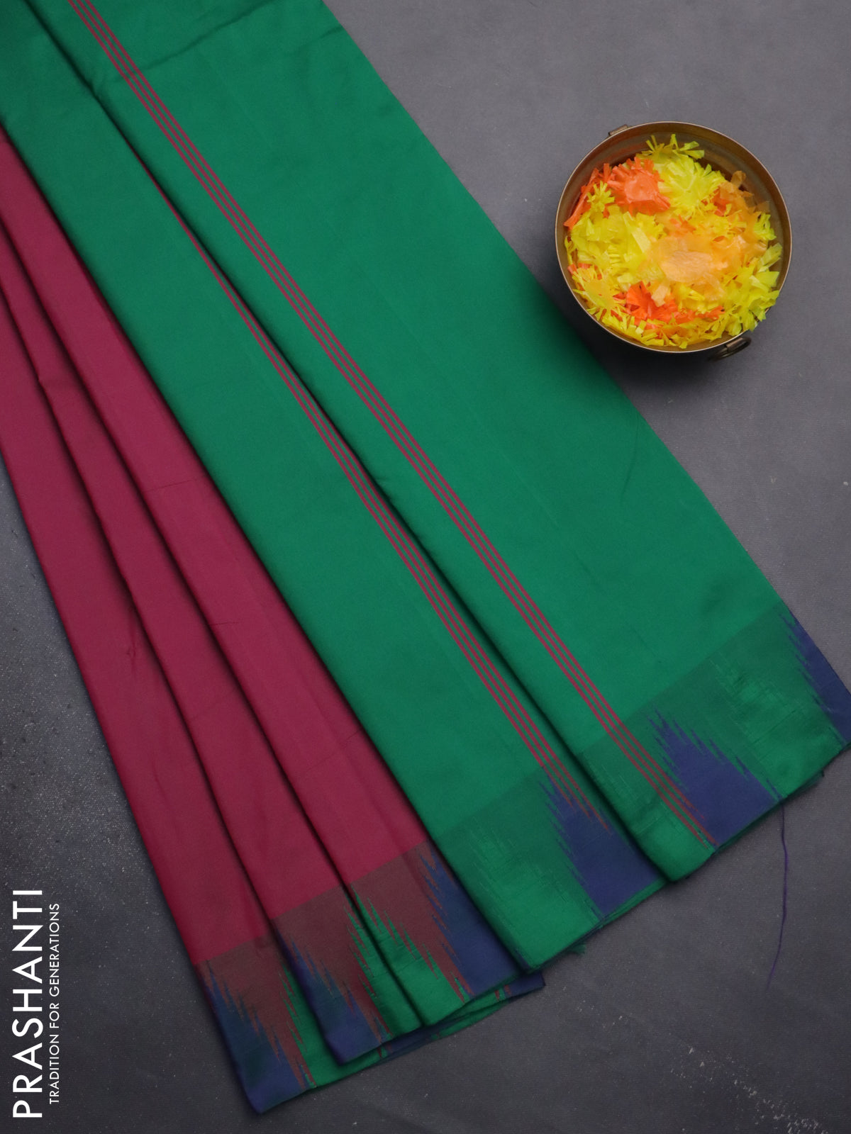 Arani semi silk saree magenta pink and green with plain body and temple design border