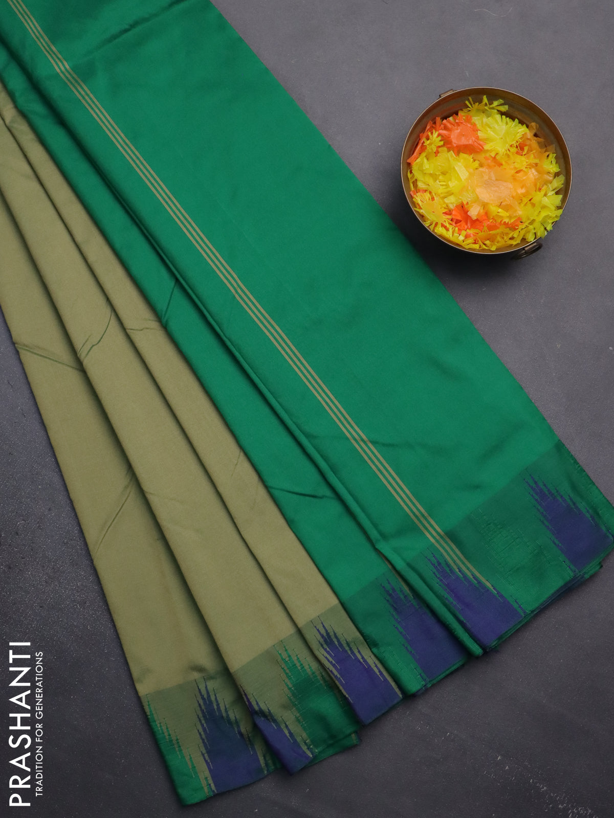 Arani semi silk saree green shade with plain body and temple design border