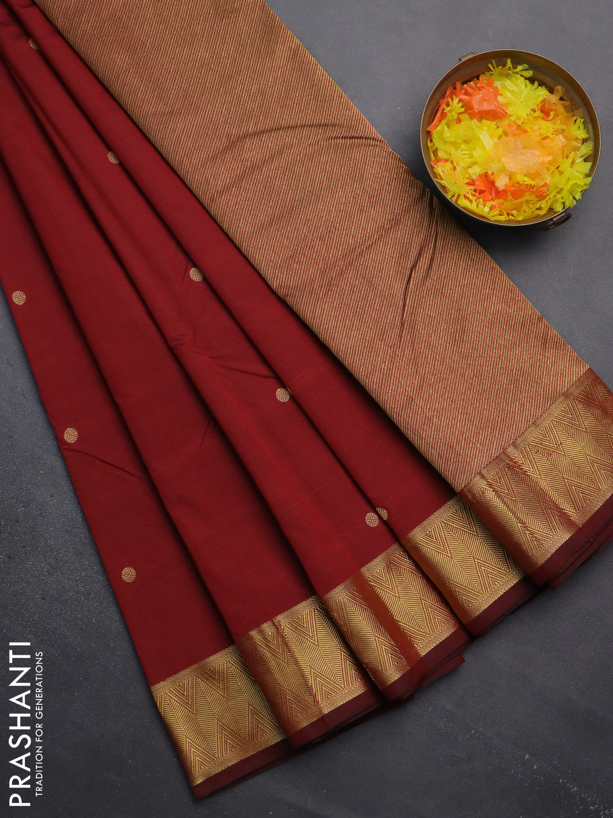 Arani semi silk saree maroon with zari woven rudhraksha buttas and zari woven border