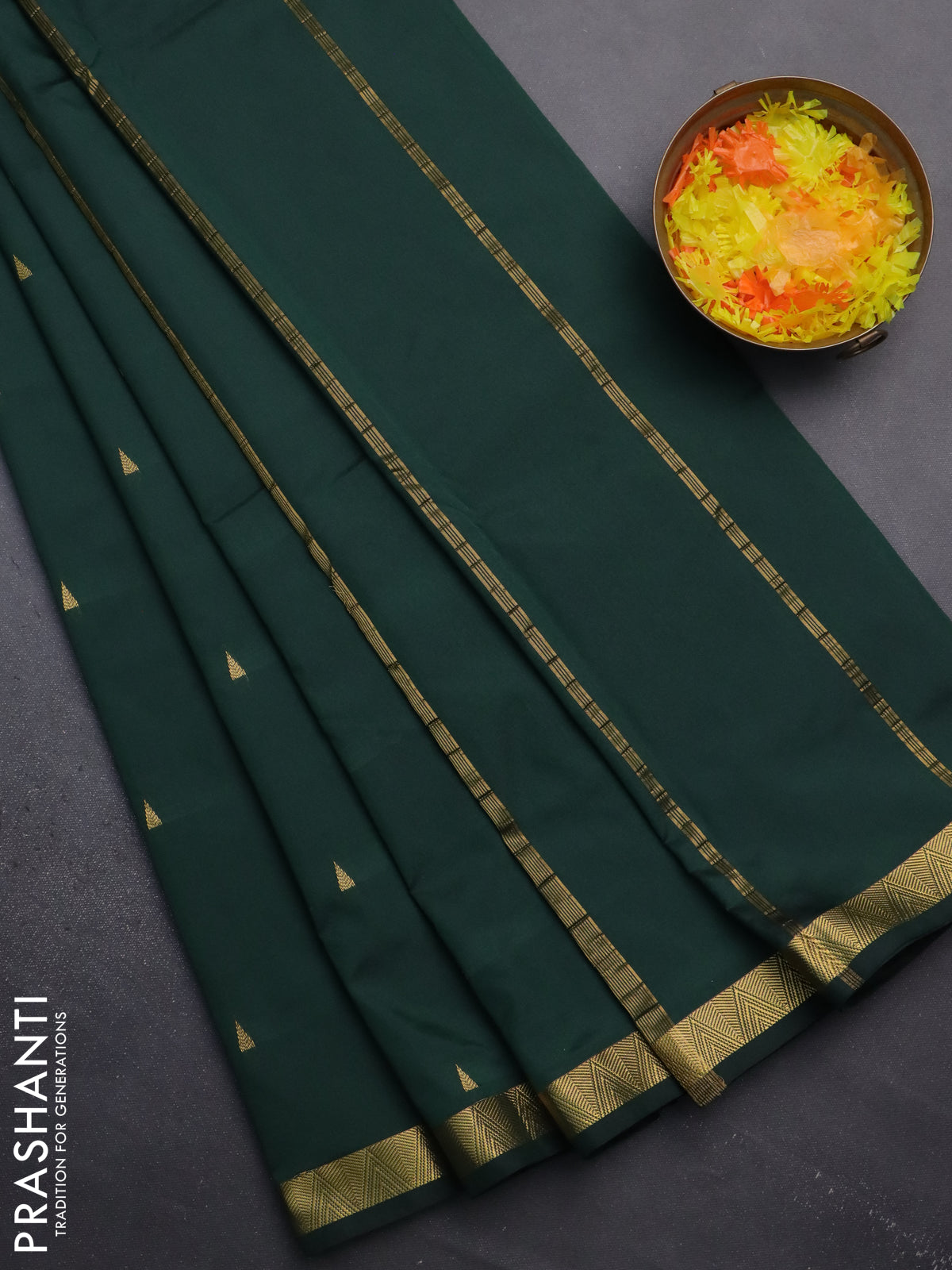 Arani semi silk saree bottle green with zari woven temple buttas and zari woven border