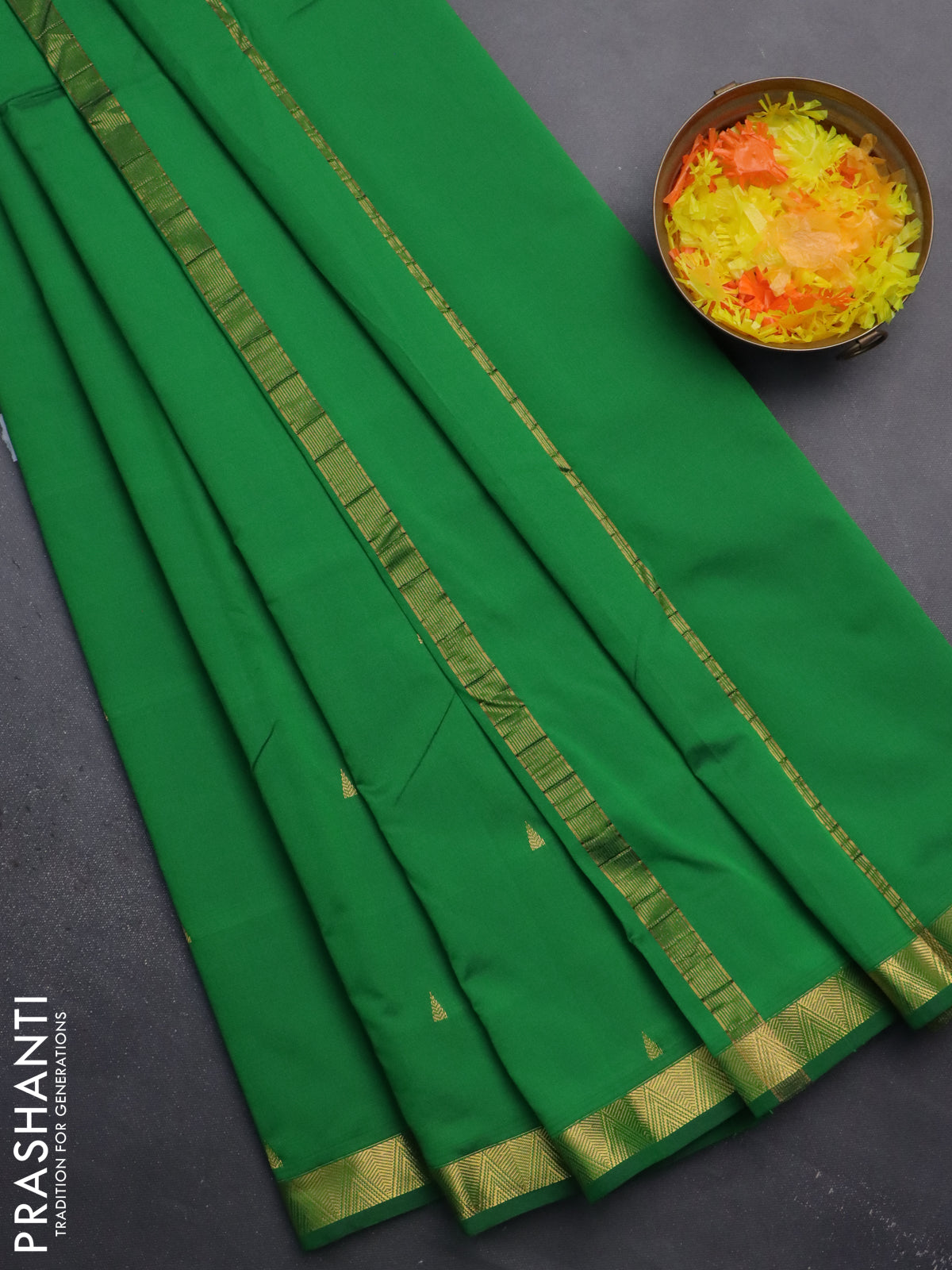 Arani semi silk saree green with zari woven temple buttas and zari woven border