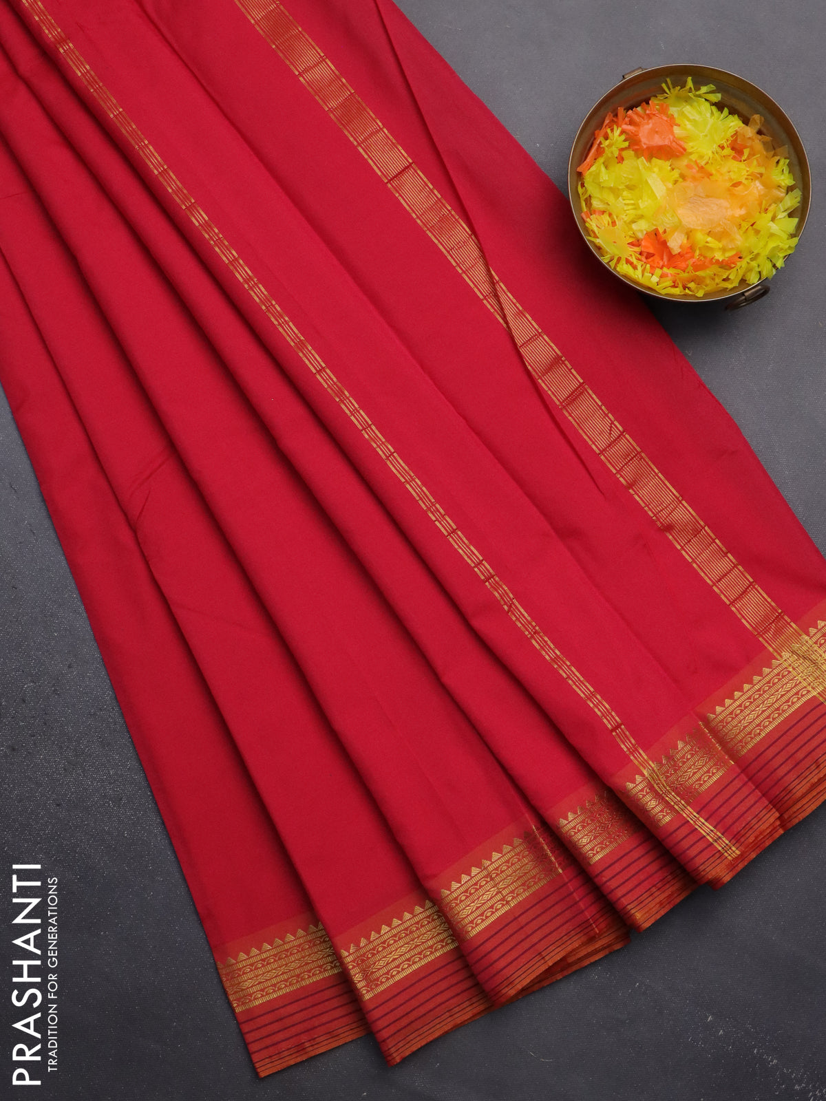 Arani semi silk saree red and dual shade of yellow with plain body and zari woven simple border