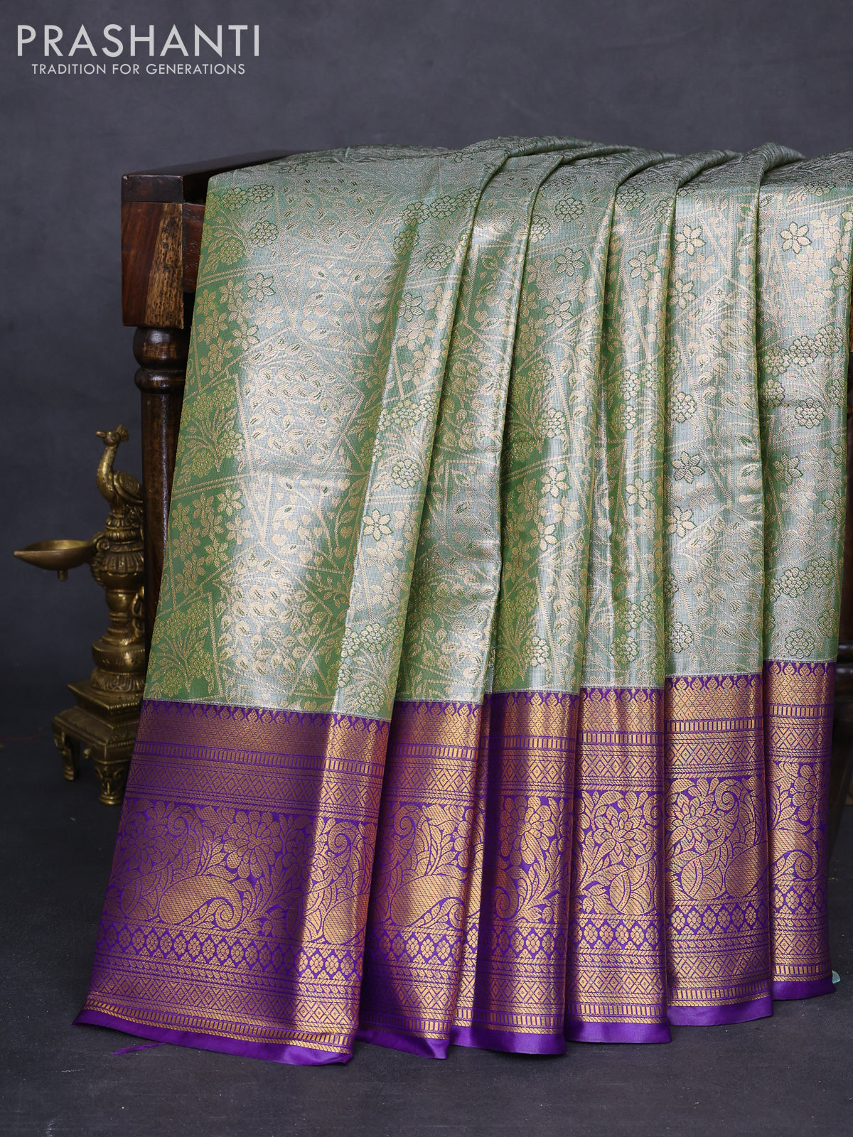 Bangalori tissue silk saree green shade and violet with allover zari woven brocade weaves and long zari woven border