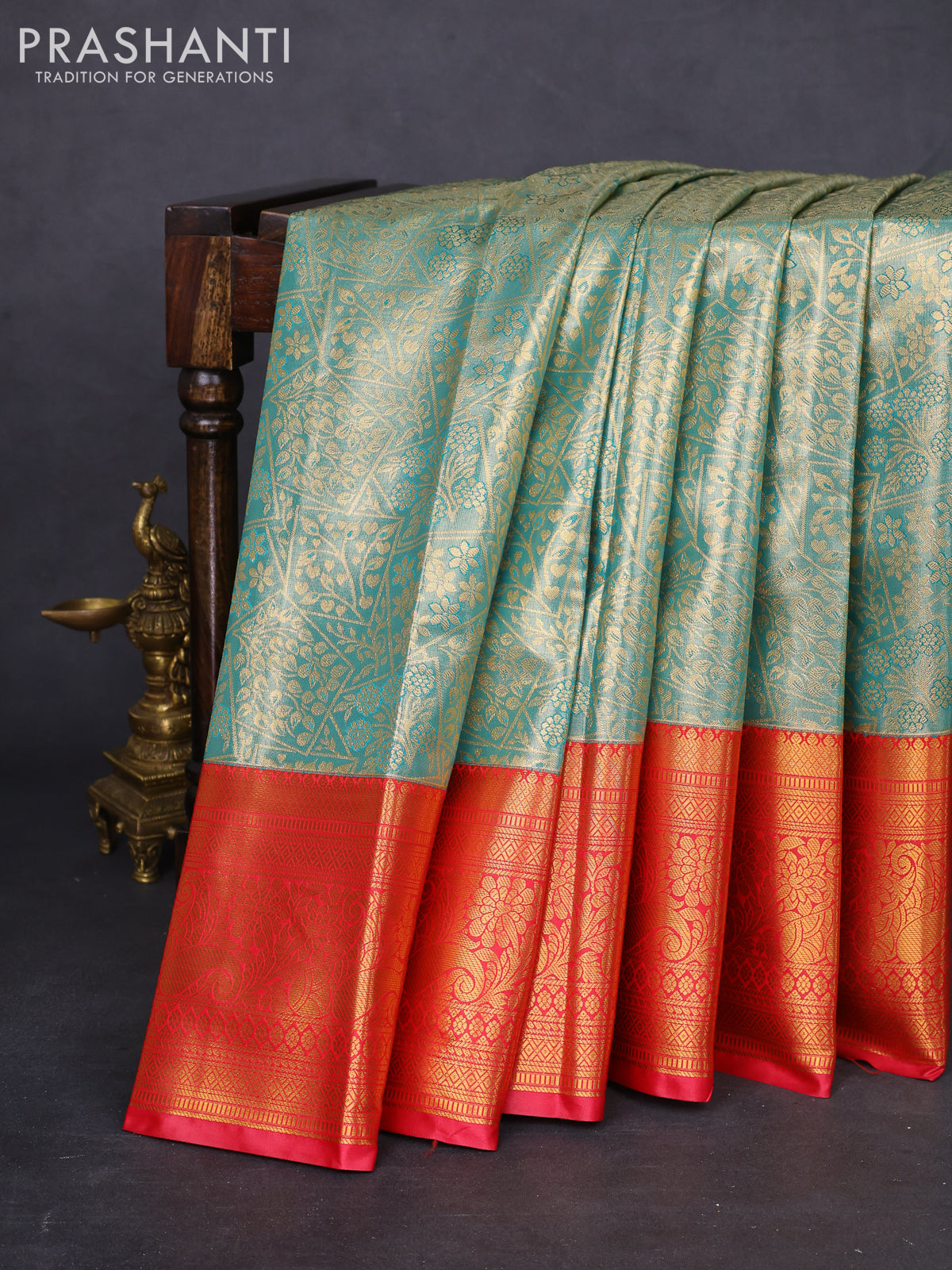 Bangalori tissue silk saree teal green and red with allover zari woven brocade weaves and long zari woven border