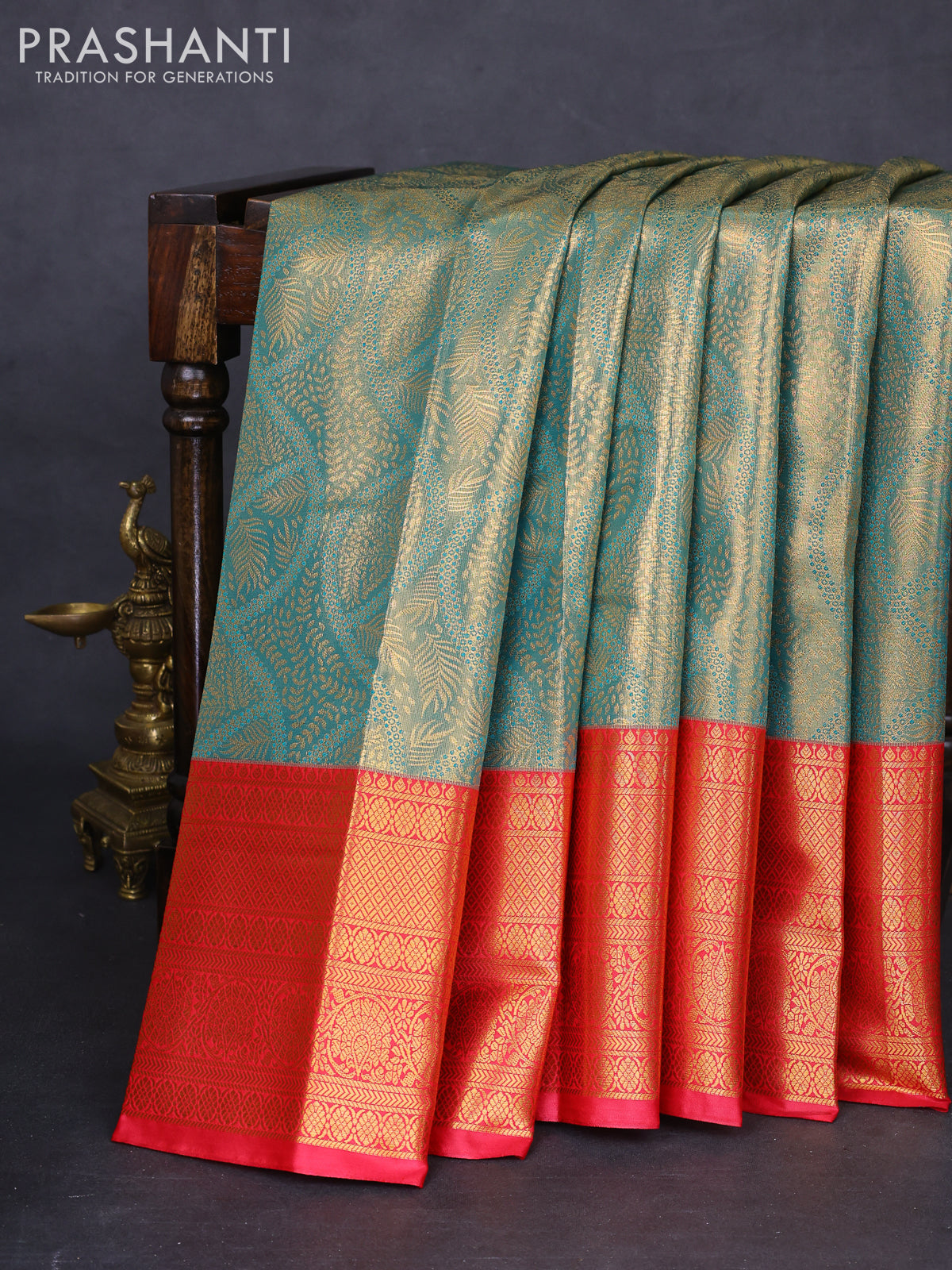 Bangalori tissue silk saree teal green and reddish pink with allover zari woven brocade weaves and long zari woven border