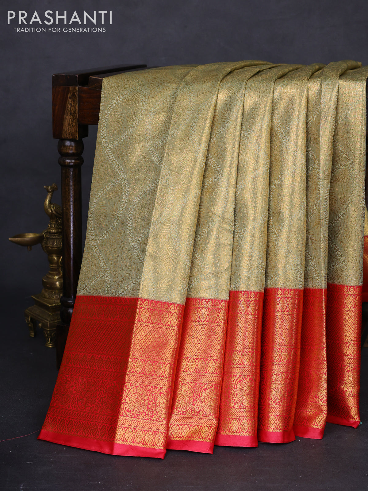 Bangalori tissue silk saree pastel green shade and reddish pink with allover zari woven brocade weaves and long zari woven border