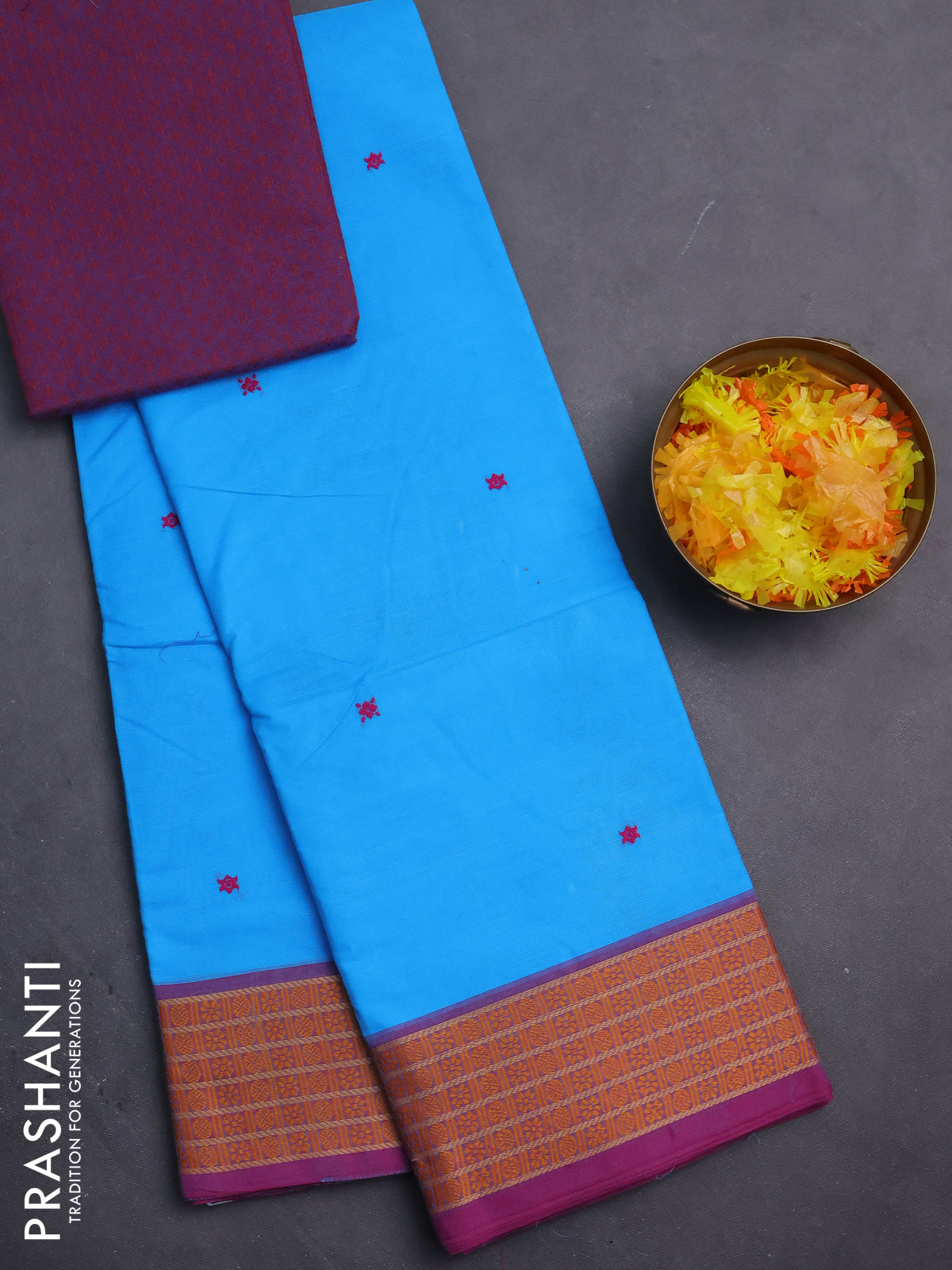 Chettinad cotton saree cs blue and pink with thread woven buttas and thread woven border