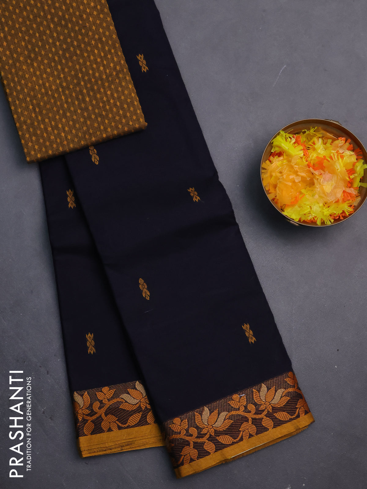 Chettinad cotton saree dark navy blue and mustard yellow with thread woven buttas and floral design border