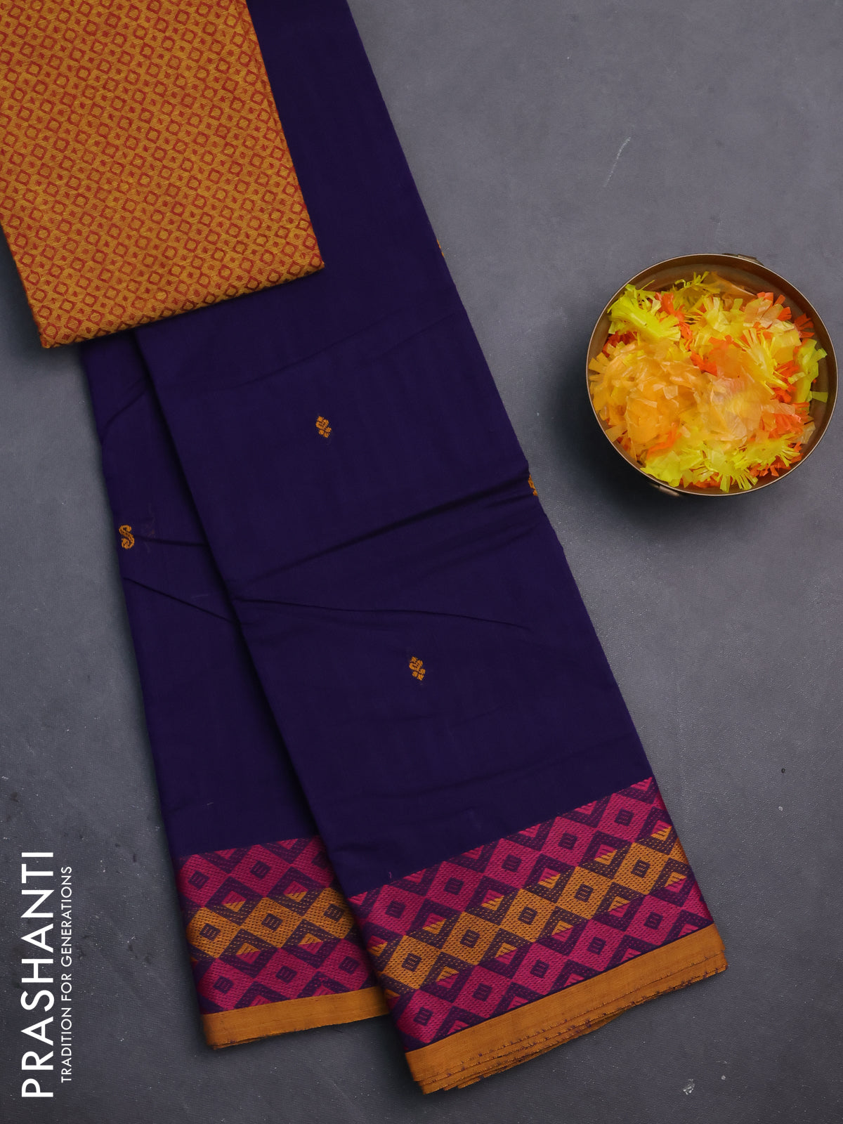 Chettinad cotton saree navy blue and mustard yellow with thread woven buttas and thread woven border
