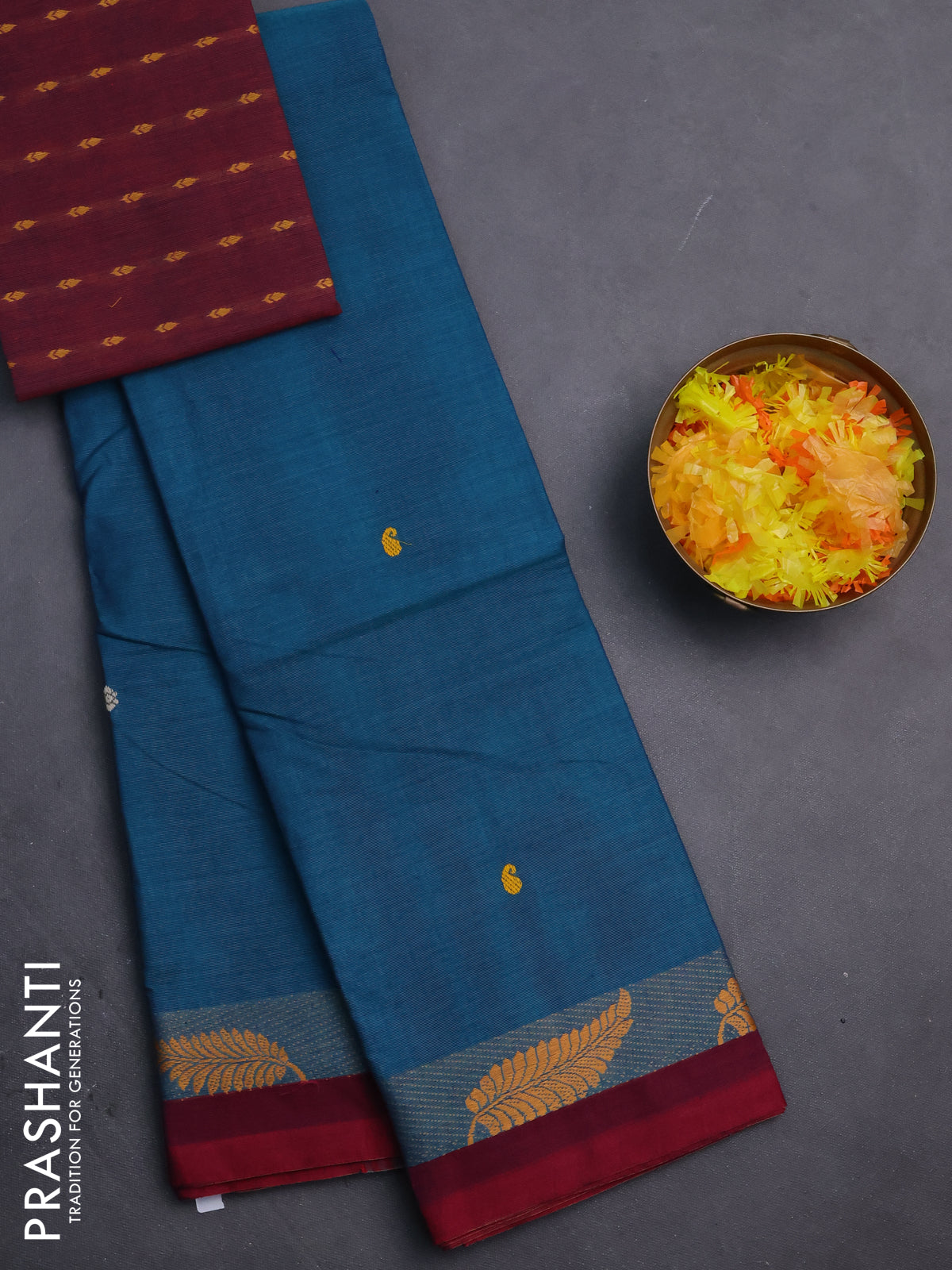 Chettinad cotton saree peacock green and maroon with thread woven buttas and thread woven simple border