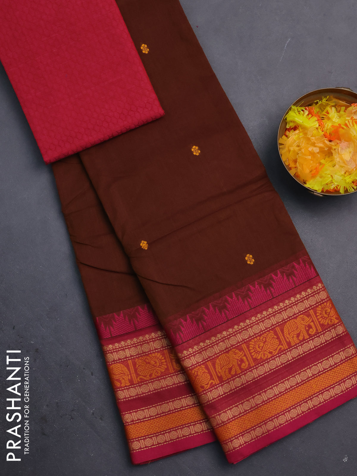 Chettinad cotton saree brown and pink with thread woven buttas and thread woven border