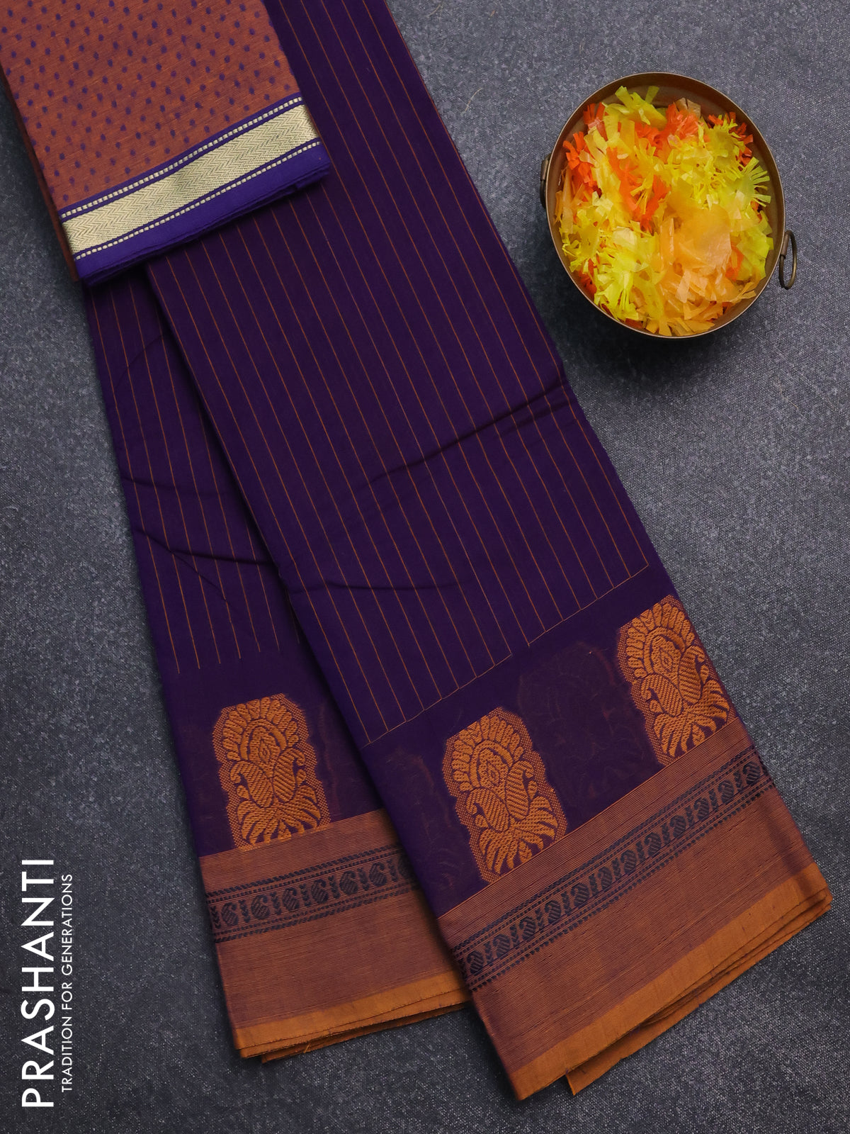 Chettinad cotton saree violet and mustard yellow with allover thread stripes pattern and thread woven simple border